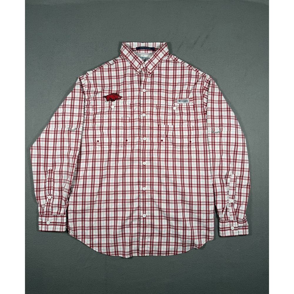 Columbia PFG Super Tamiami Arkansas Razorbacks Shirt Men L Plaid L/S Vented